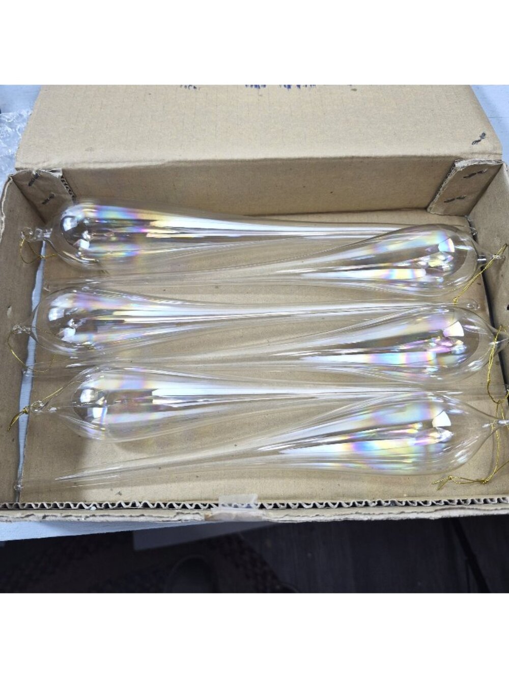 Set of 6 Iridescent Clear Glass Icicle Christmas Ornaments 10 inch Teardrop
